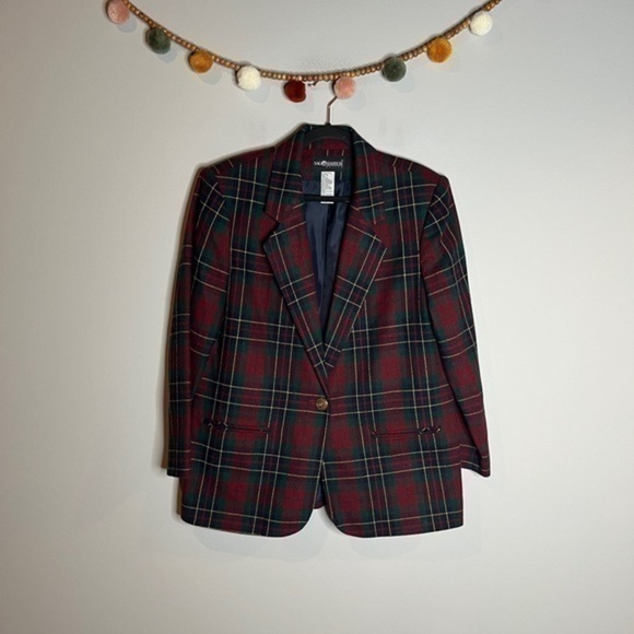 Vintage plaid wool blend one button blazer jacket - Picture 1 of 5